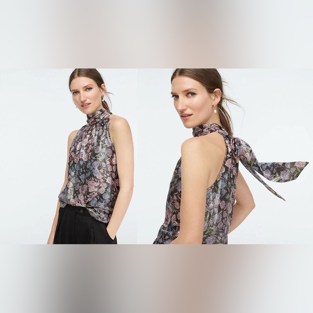 J.Crew‎ Reno Metallic Floral Jacquard Halter Silk Blend Blouse Tie Neck S NWT